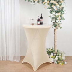 Spandex 24"-32" Round Cocktail Table Cover Beige - Easy to Maintain Stretch Fitted Highboy Tablecloth
