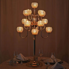 Metal Crystal Beaded Candelabra Gold 13 Arm Design - Table Centerpiece for Events 40"