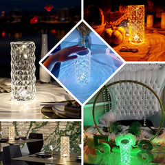 Acrylic LED Pillar Lamp Rose Diamond Design Color Changing - Touch + Remote Operated Table Light 3.5"x8.5"