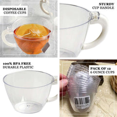 12-Pack Plastic Coffee Tea Cups Hard Disposable with Handle - Sturdy Cups for Hot Beverages 6oz