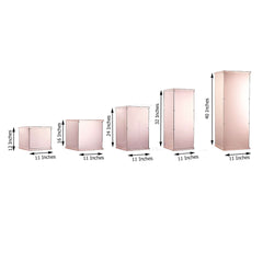 Set of 5 Rose Gold Mirror Finish Acrylic Display Boxes, Pedestal Risers with Interchangeable Lid and Base - 12",16",24",32",40"