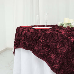 Satin 72"x72" Table Overlay Square Tablecloth Burgundy - 3D Rosette Table Cover