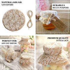 Set of 6 Mason Jar Lid Covers Rustic Burlap/White Lace Fabric Design with Jute String - Scalloped Edge Natural Linen Favor Covers 6"