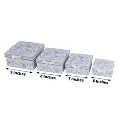 Set of 4 Cardstock Round Nesting Gift Boxes White Blue French Toile Design - Decorative Heavy Duty Stackable Keepsake Boxes With Lids for Presents Storage & Pedestal Stand 5",7",8",9"