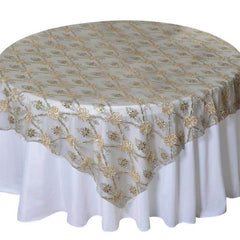 Lace 72"x72" Table Overlay Square Tablecloth Champagne - Satin Sequin Floral Embroidered Design for Special Events