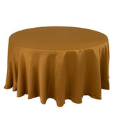Lamour Satin 120" Round Tablecloth Gold - Seamless Table Cover with Soft Tempered Sheen for Upscale Gatherings
