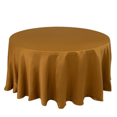 Lamour Satin 120" Round Tablecloth Gold - Seamless Table Cover with Soft Tempered Sheen for Upscale Gatherings