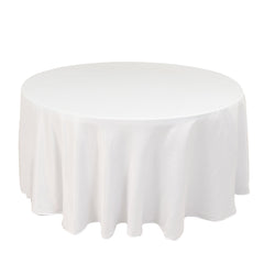 Lamour Satin 120" Round Tablecloth White - Seamless Table Cover with Soft Tempered Sheen for Upscale Gatherings
