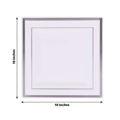 10-Pack Plastic Dinner Plates White Square with Silver Trim - Lightweight Disposable Plates for Events 10"