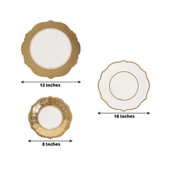 75 Pcs Paper Charger Plates with Gold Embossed Scalloped Rim White - Heavy Duty Disposable Dinner and Salad Plates 8",10",13"