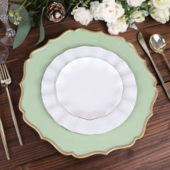 6-Pack Acrylic Round Charger Plates 13" in Sage Sage Green with Gold Scalloped Rim, Decorative Dinner Party Plastic Charger Tableware