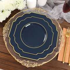 10-Pack Plastic Dinner Plates in Navy Blue Baroque Design with Scalloped Gold Rim - Heavy Duty Disposable Party Plates 11"