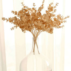 4-Pack Artificial Eucalyptus Leaves Decor Metallic Gold - Vibrant Faux Plant Spray Bush for Bridal Bouquets Floral Arrangements & Event Styling 12"