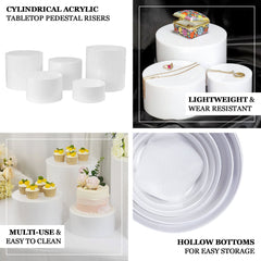 Set of 5 Acrylic Cake Stands Cylinder Design Round White - Display Risers for Events 4", 6", 8", 10", 12"
