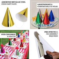 25 Pack Mixed Metallic Foil Cone Party Hats, Pre-Strung Paper Birthday Hats - 5"x7"
