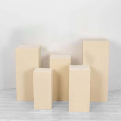 Set of 5 Beige Spandex Rectangle Pedestal Stand Covers, Stretchable Pillar Prop Covers - 160 GSM