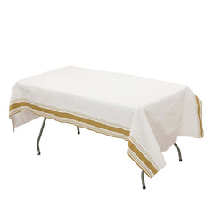 Paper Linen-Like Tablecloth Rectangle White with Gold Striped Border - Decorative Disposable Cover for Events 50"x108"
