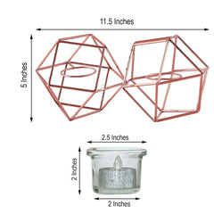 Set of Metal Candle Holders Linked Geometric Design Rose Gold - Modern Table Decor with Votive Glass for Gatherings 11"