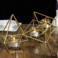 Set of Metal Candle Holders Linked Geometric Design Gold - Modern Votive Glass Decor for Tables & Gatherings 16"