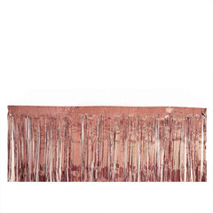 Metallic Foil Fringe Table Skirt Rose Gold with Self Adhesive Backing - Durable Tinsel Skirt for Parties 30"x9ft