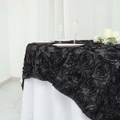 Satin 72"x72" Table Overlay Square Tablecloth Black - 3D Rosette Design for Stylish Occasions