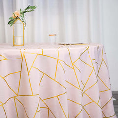 Polyester 120" Round Tablecloth Blush with Gold Foil Geometric Pattern Wrinkle-Resistant Seamless Table Cover