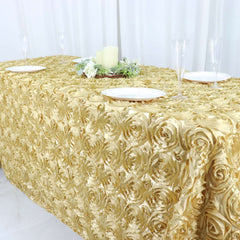 Satin 90"x132" Rectangle Tablecloth Champagne - Grandiose 3D Rosette Seamless Table Cover