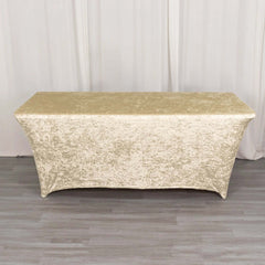 Crushed Velvet Fitted Rectangular 6ft Table Cover Beige - Wrinkle-Free Stretchy Tablecloth