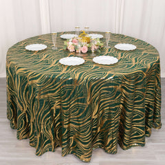 Sequin Mesh 120" Round Tablecloth Hunter Emerald Green/Gold - Seamless Wave Embroidered Table Cover