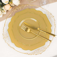 10-Pack Plastic Dinner Plates in Gold Baroque Design with Scalloped Gold Rim - Heavy Duty Disposable Party Plates for Events & Banquets 11"