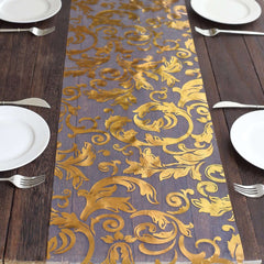 Sheer Organza 12"x108" Table Runner Roll Metallic Gold Foil Floral Swirl Design - Disposable Stylish Event Decoration