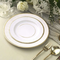 25-Pack Paper 10" Round Dinner Plates in White Sunray Design with Gold Rim - Disposable Heavy Duty 350GSM Party Plates