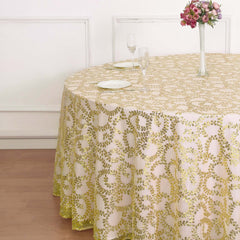 Tulle 120" Round Tablecloth Gold - Seamless Sequin Leaf Embroidered Design for Sophisticated Occasions