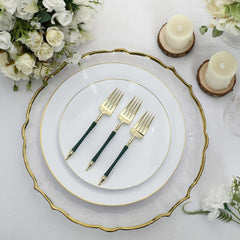 24 Pack 6" Gold Hunter Emerald Green Plastic Dessert Forks With Roman Column Handle, European Style Disposable Utensils