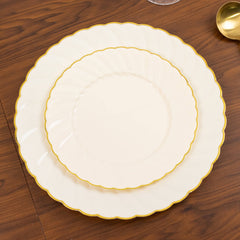 10-Pack Plastic 7.5" Round Salad Dessert Plates in Ivory with Gold Flair Rim - Disposable Party Plates