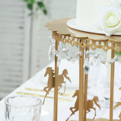 Metal Round Pedestal Cake Stand Gold Carousel Design with Hanging Acrylic Beads - Luxurious Dessert Display Centerpiece Holder for Cupcakes & Pastries 14"