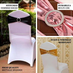 5 Pack Metallic Spandex Chair Sashes Rose Gold - Stretch Fit Chair Bands With Round Diamond Buckles