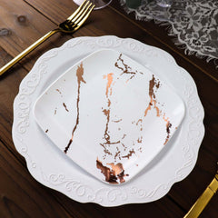 10-Pack Plastic 6" Square Appetizer Snack Plates in White with Rose Gold Marble Design - Disposable Dessert Party Plates for Weddings, Banquets & Special Events
