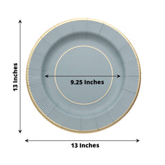 25-Pack Disposable Round Charger Plates in Dusty Blue Sunray Design with Gold Rim - 350GSM Heavy Duty Paper Chargers 13"