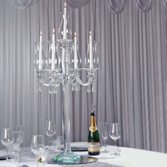 5 Arm Crystal Glass Taper Candle Holder Candelabra, Luxurious Table Centerpiece With Chandelier Chains 40"