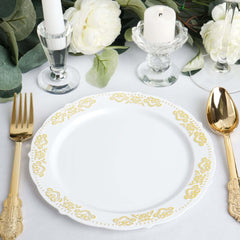 10-Pack Plastic 7.5" Round Appetizer Plates in White with Gold Embossed Scalloped Edge - Chic Disposable Salad Plates for Special Occasions & Banquets