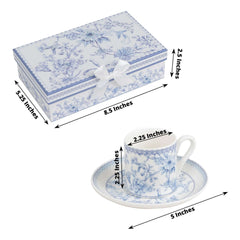 White Blue French Toile Bridal Shower Gift Set, Set of 2 Porcelain Espresso Cups and Saucers with Matching Keepsake Box