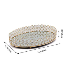 Gold Metal Crystal Beaded Mirror Oval Vanity Serving Tray, Decorative Tray - Medium 14"x10"