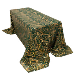 Mesh 90"x156" Rectangle Tablecloth Hunter Emerald Green/Gold - Wave Sequin Embroidered Table Cover