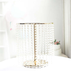 Metal Cake Stand Round Design Metallic Gold with Crystal Chains 14" Dia - Cupcake Dessert Pedestal 16"Tall
