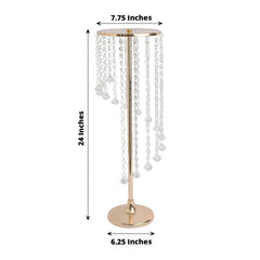 2-Pack Metal Flower Stand Gold with Spiral Hanging Beads - Crystal Pedestal Table Wedding Centerpiece 24"