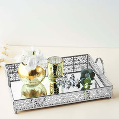 Metal Mirrored Rectangle Serving Tray 16"x12" in Silver Fleur De Lis Design with Handles, French Inspired Decorative Vanity Tray Centerpiece
