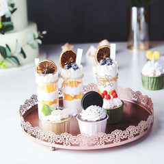 Metal Round Serving Tray 12" in Rose Gold with Embellished Rims, Stylish Decorative Vanity Tray Centerpiece