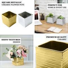 2 Pack 5" Silver Brush Textured Ceramic Square Indoor Plant Pots, Cube Shaped Flower Box