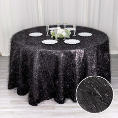 Polyester 120" Round Black Tablecloth Metallic Fringe Shag Tinsel Table Cover